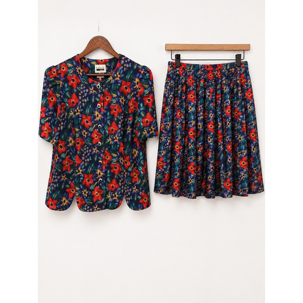 Leslie‎ Fay Vintage Floral Pleated Skirt and Button Front Top Set 14/16WP